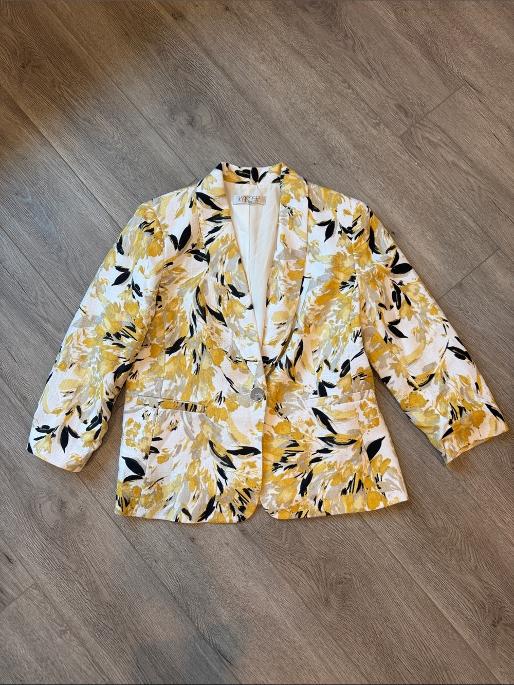 KASPER cropped sleeve Yellow Floral Blazer Jacket size 12 g29